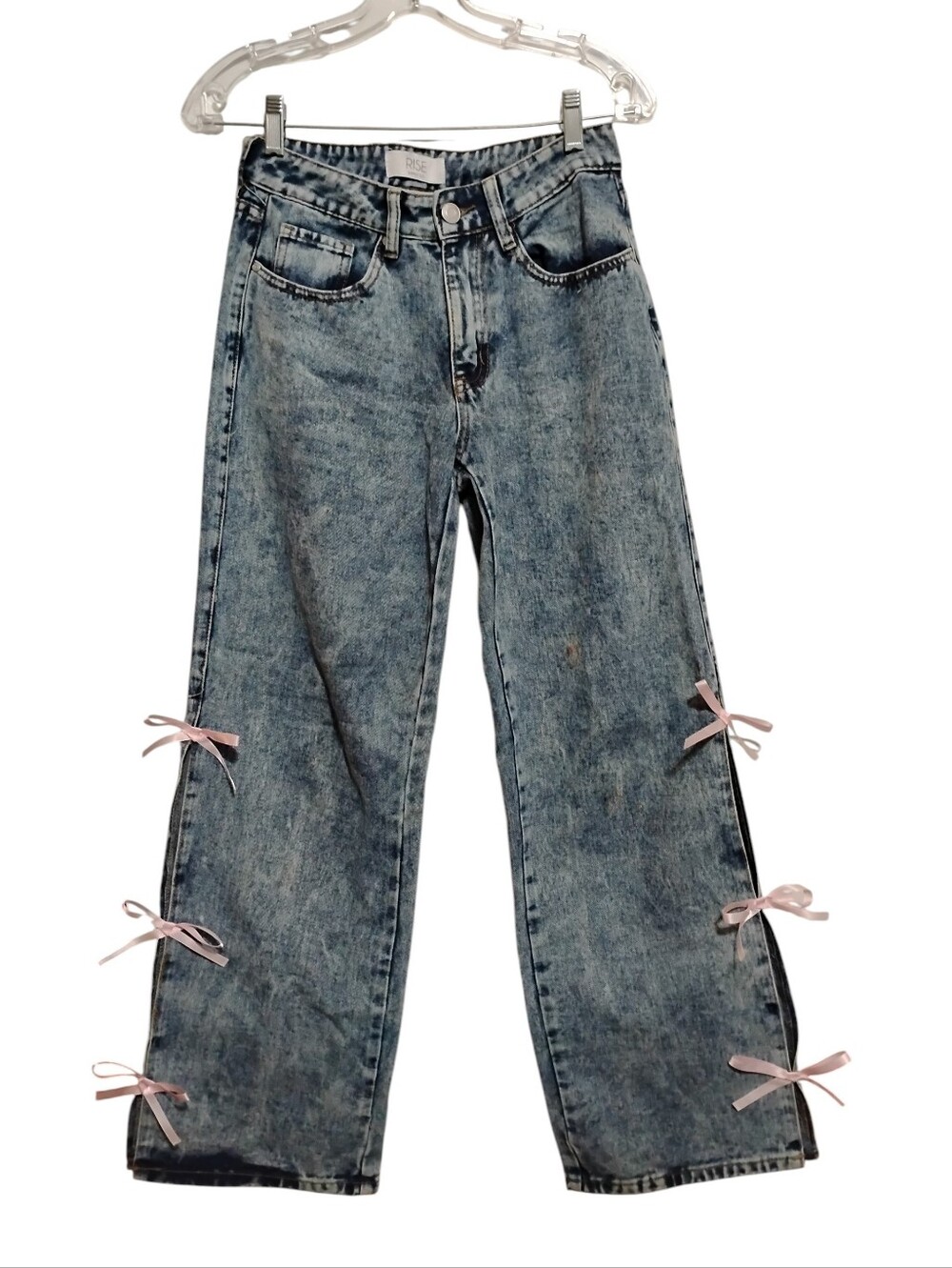 RISE High-Waist Wide Leg Jeans Pink Ribbon On Side Slits 90%Cotton Junior 3